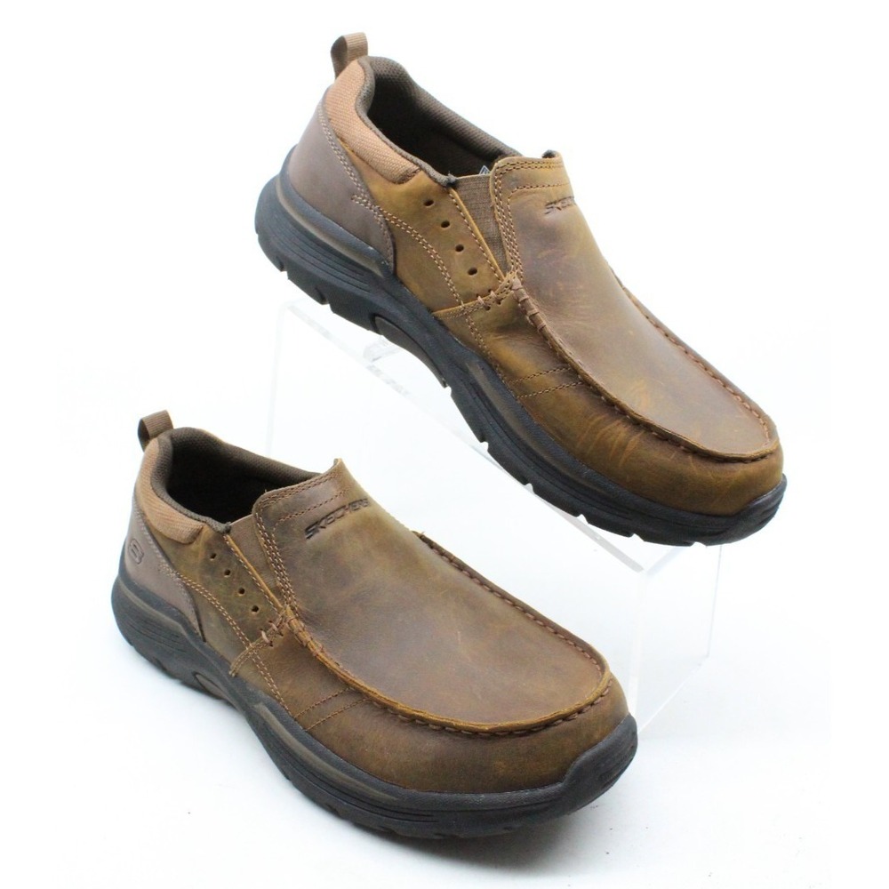 Skechers 66146EWW Seveno Brown Leather Slip On Moc toe Shoe Men's 9.5 Extra Wide